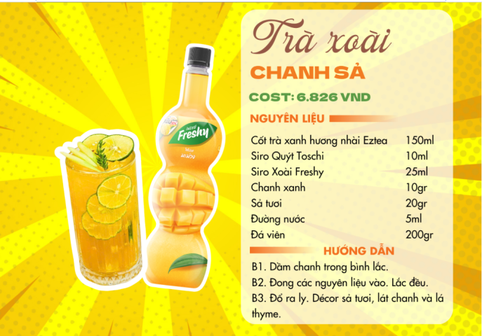 Ly Trà Xoài Chanh Sả thanh mát được trang trí bằng sả tươi và lát chanh.
