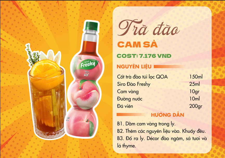 Ly Trà Đào Cam Sả thơm lừng được trang trí bằng cam vàng và sả tươi.